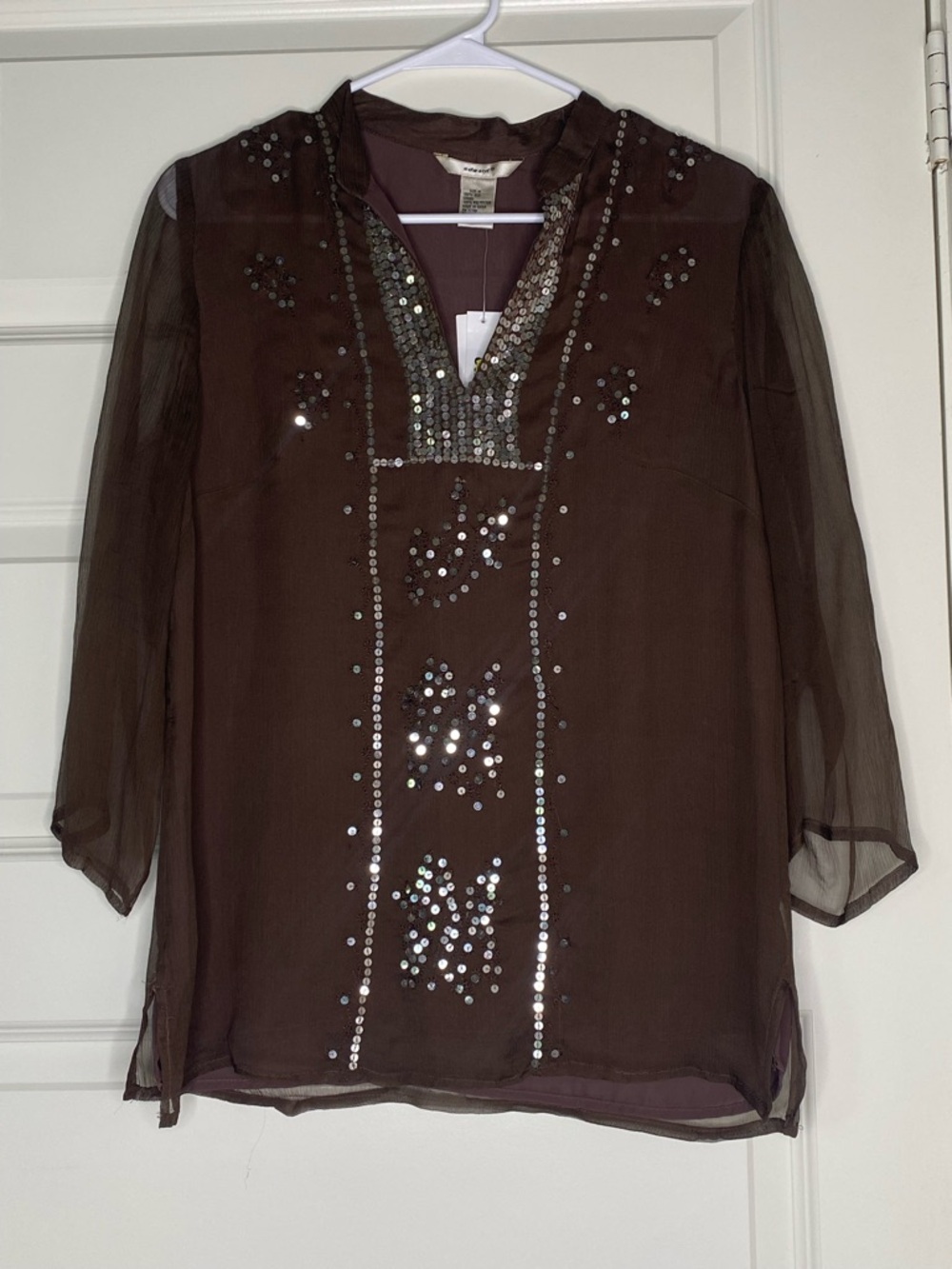 Y2K 100% Silk Sequin Embellished Brown Sheer Tunic